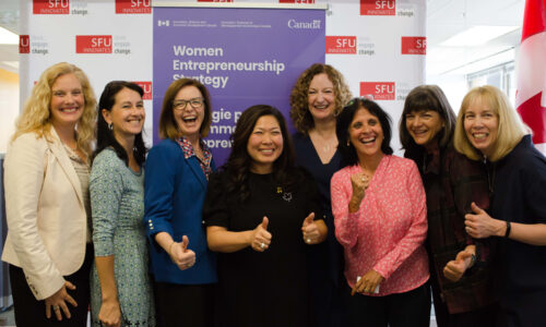 The Honourable Mary Ng celebrates with the WEC team after announcing a $2.7 million investment in BC women entrepreneurs