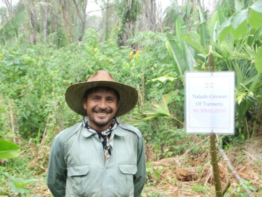 happy looking farmer in a green shirt,  wearing a hat and smiling in front of a sign that says Naledo Grower of Tumeric. 